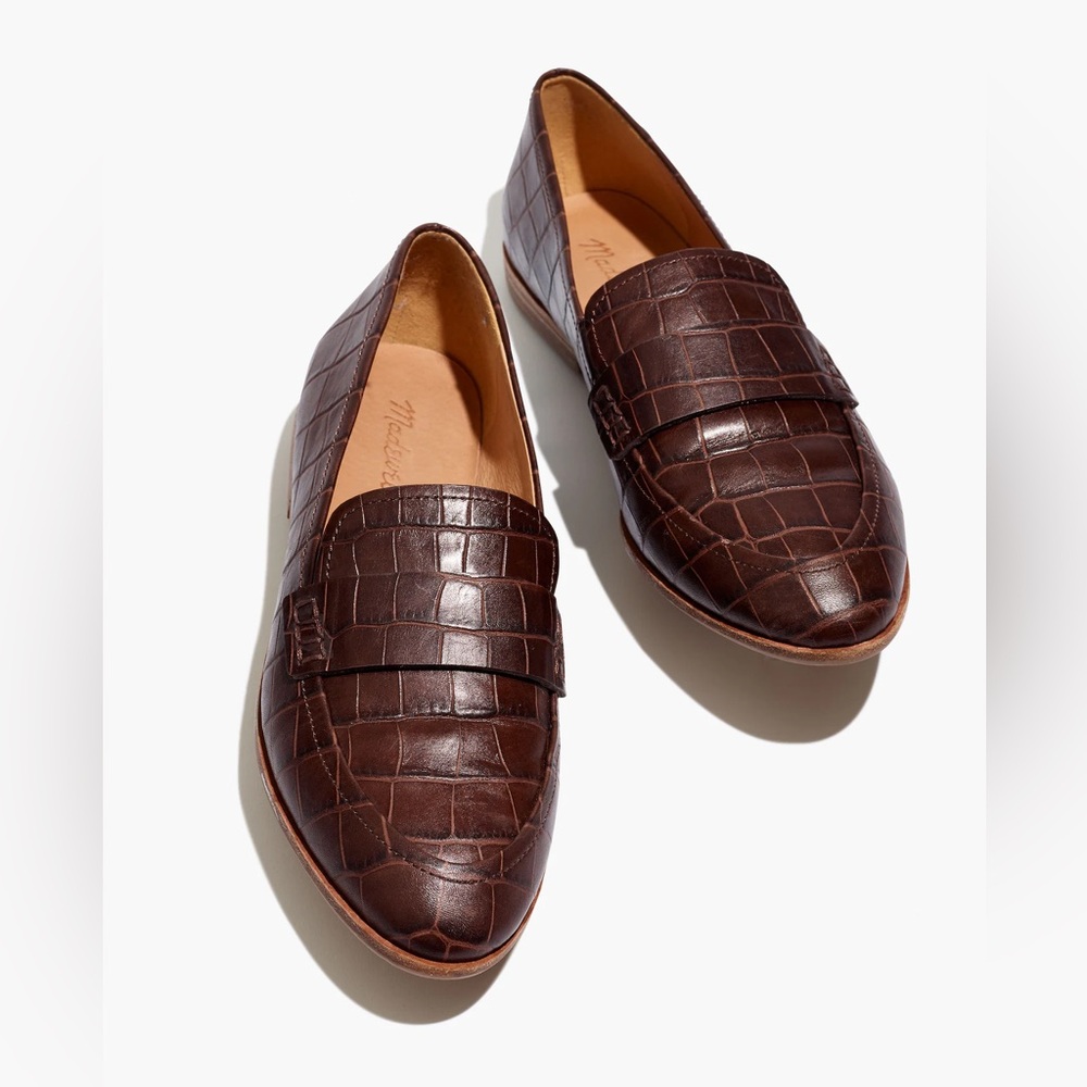 Madewell Croc-Embossed Leather Penny Loafers in Dark Brown